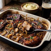 Costiță de porc la tavă cu bere și ceapă caramelizată