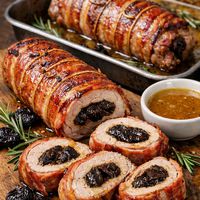 Mușchiuleț de porc umplut cu prune și bacon