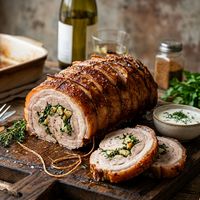 Pulpă de porc umplută la cuptor cu usturoi și verdeață