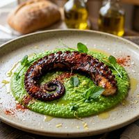 Tentacule de caracatiță cu piure de mazăre și mentă